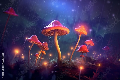 Vibrant, glowing, dreamy mushrooms in a fantasy artwork. Generative AI