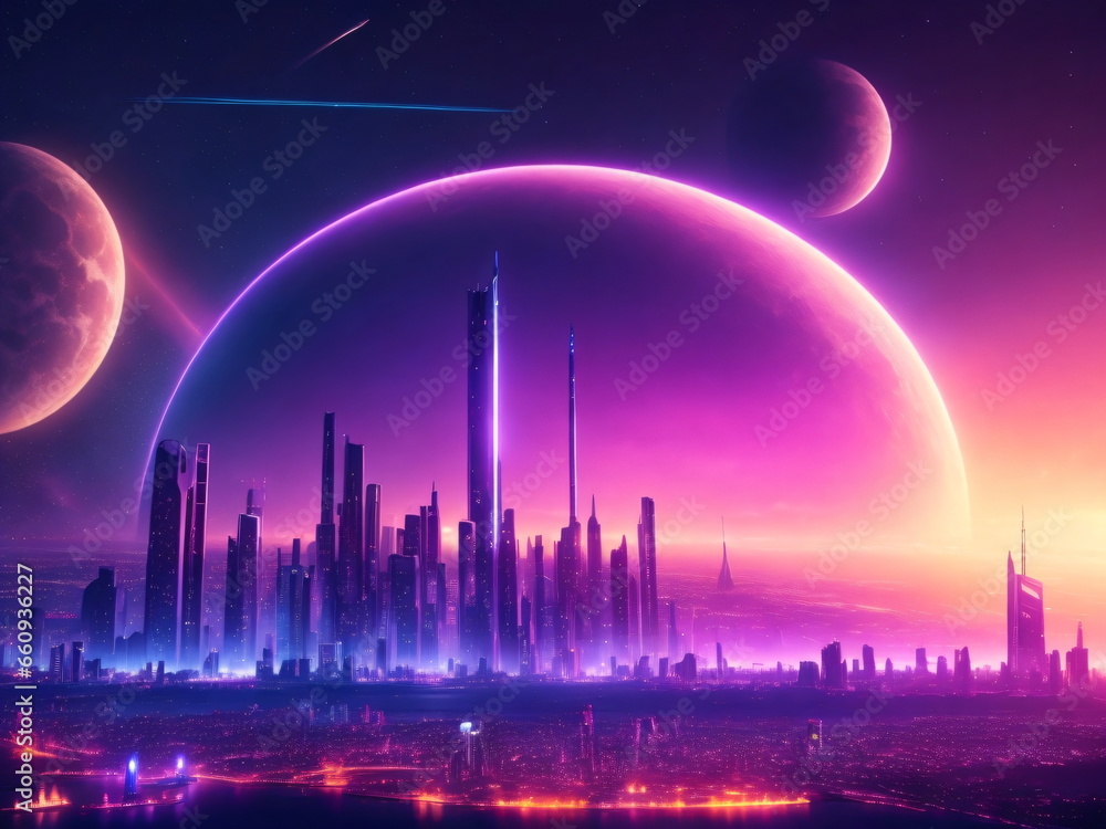 Futuristic city in night lights with galaxy planets in sky, fantasy realistic background. Sunset in futuristic megapolis with space moon on the horizon