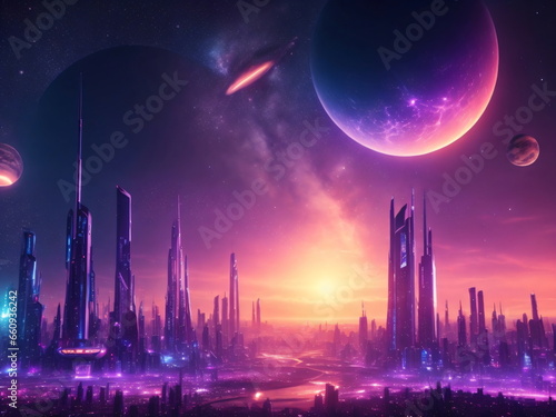 Futuristic city in night lights with galaxy planets in sky, fantasy realistic background. Sunset in futuristic megapolis with space moon on the horizon