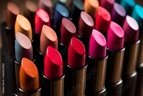 Explore the artistry of lip colors in a captivating display of diverse makeup lipstick arrangement. Ai generated