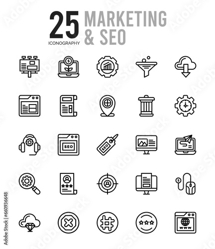 25 Marketing and Seo Outline icons Pack vector illustration.