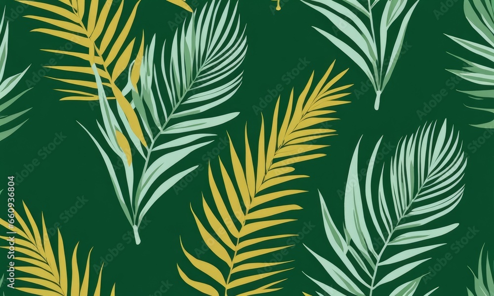 Tropical exotic seamless pattern with bright palm leaves on green background. Hand-drawn vintage illustration and texture. for production wallpapers, gift paper, cloth, fabric printing, Generative AI