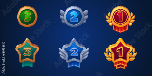 Game victory rank medals isolated on background. Vector cartoon illustration set of round and star shape badges of bronze, silver, gold with place numbers, wings, laurel decoration, winner awards