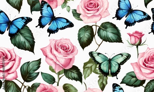 Blue butterflies, ivy pink rose flowers, tropical green leaves. Seamless pattern, dark background, texture. 3d illustration, watercolor painting. Luxury wallpaper, premium design, Generative AI