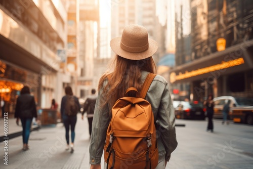Woman backpacker travel in city. Generative AI