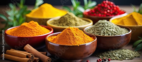 Fototapeta Naklejka Na Ścianę i Meble -  Spices for curry masala Ingredients for Indian spice mix with powder Focused selection With copyspace for text