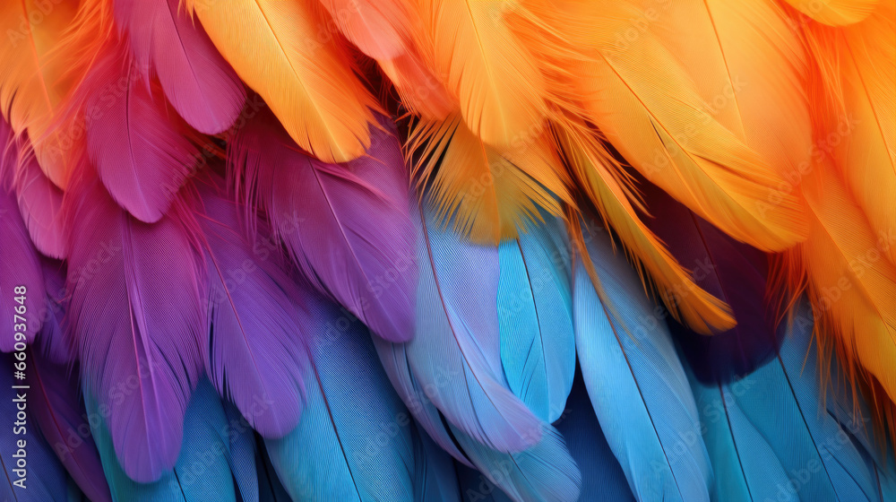 Close up of a multicolored feather background. Close up of a multicolored feather background.