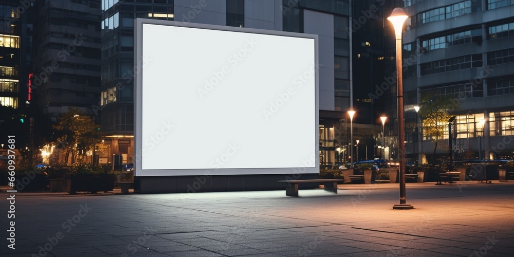 Blank billboard sign mockup in the urban environment, on the facade, empty space to display your advertising or branding campaign : Generative AI - obrazy, fototapety, plakaty 
