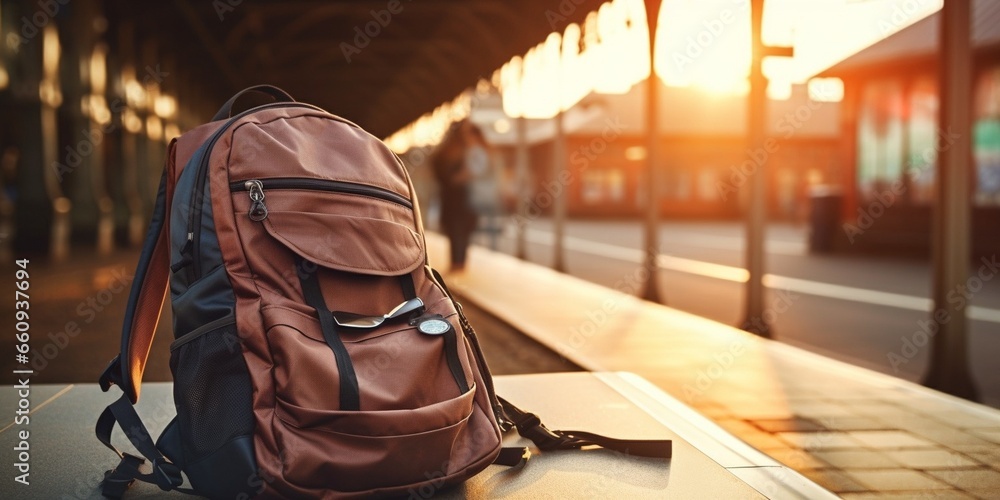 Map in Backpack ,Mobile phone with earphone and hat at the train station with a traveler.sun set, Travel concept. : Generative AI - obrazy, fototapety, plakaty 