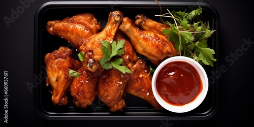 Air fryer chicken wings glazed with hot chilli sauce and served with different sauces. isolated on white background . top view : Generative AI © Generative AI