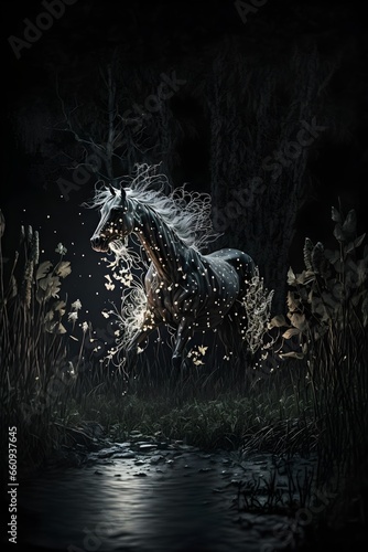 the horse running in a night swamp High quality photo extreme close up of swamp fairy lights flowers in dark swamp landscape 