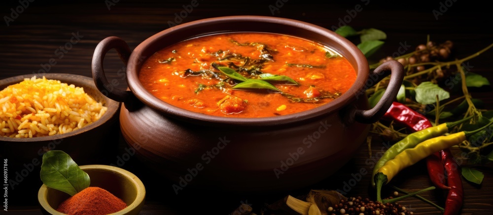Spicy Indian soup made with tomato tamarind chili cumin and Indian spices Traditional vegetarian dish served with rice in Kerala Tamil Nadu India and Sri Lanka With copyspace for text