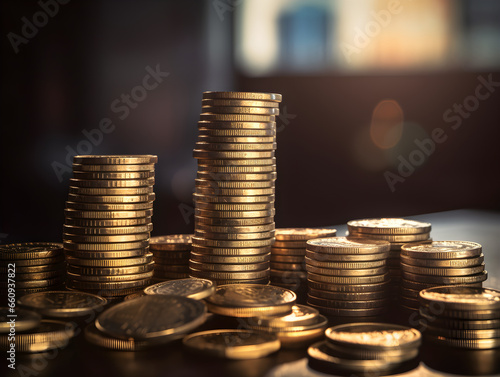 Golden Coin Stacks in Ambient Setting - Perfect for Financial Growth, Investment, and Wealth Concepts