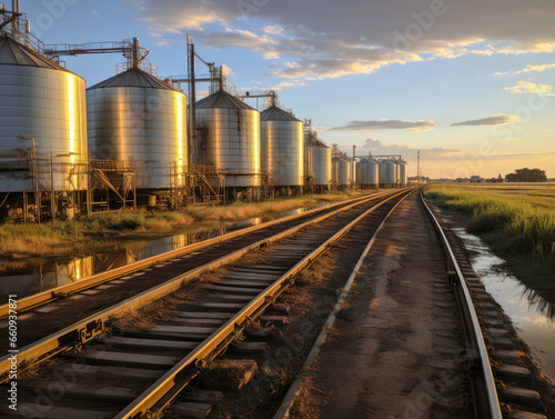 Railroad tracks next to grain silos and corn fields