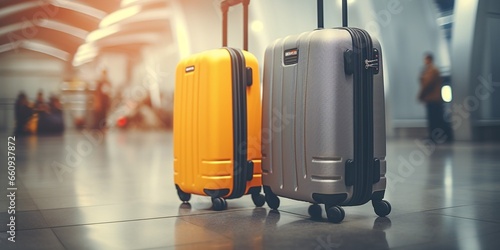 Travel Fashion. Closeup Shot Of Two Plastic Suitcases Standing At Empty Airport Corridor, Stylish Luggage Bags Waiting At Terminal Hall, Banner For Air Travelling And Vacation Booking  : Generative AI