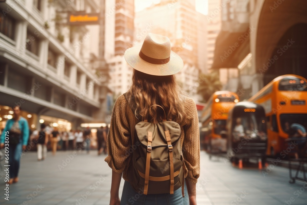 Woman backpacker travel in city. Generative AI