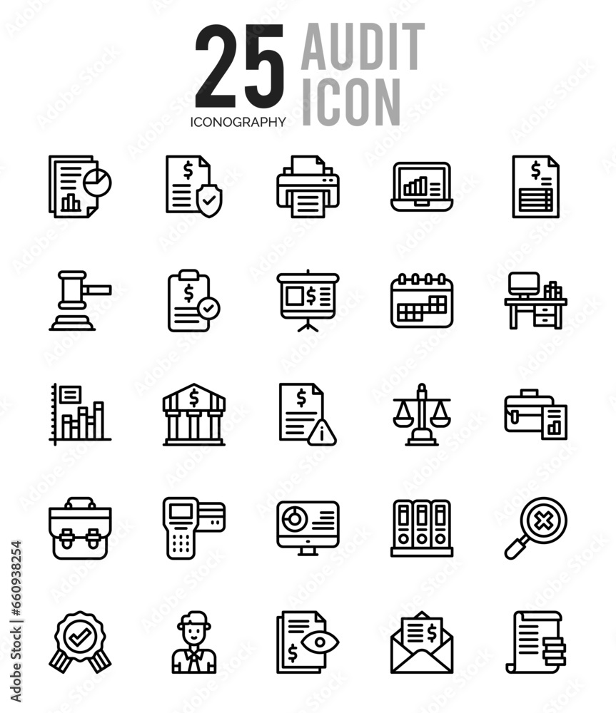 25 Audit Outline icons Pack vector illustration.