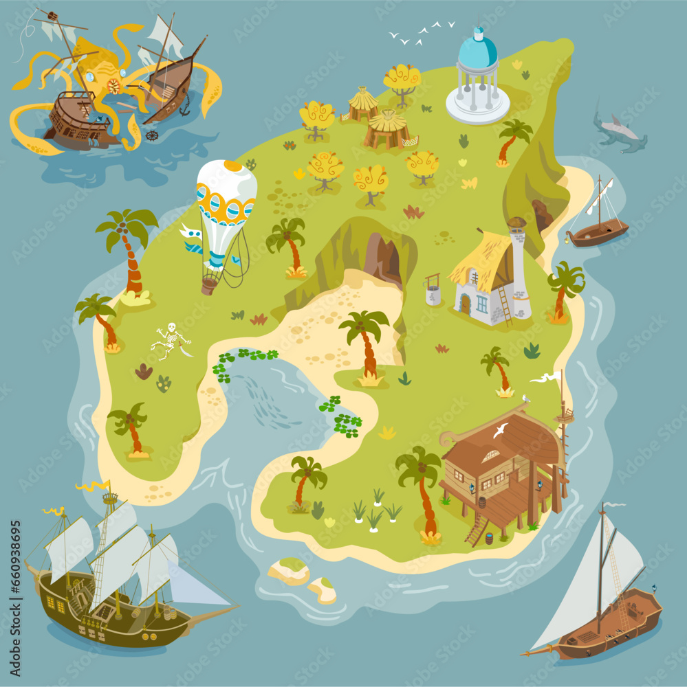 Fototapeta premium Pirate's Paradise: Treasure Island Illustrations with Caves, Forts, and Sea Monsters