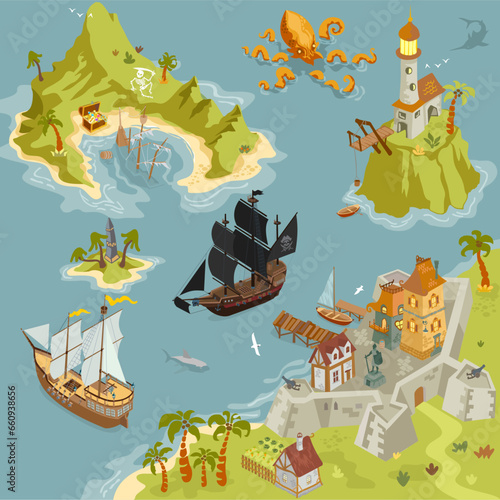 Pirate's Paradise: Treasure Island Illustrations with Caves, Forts, and Sea Monsters