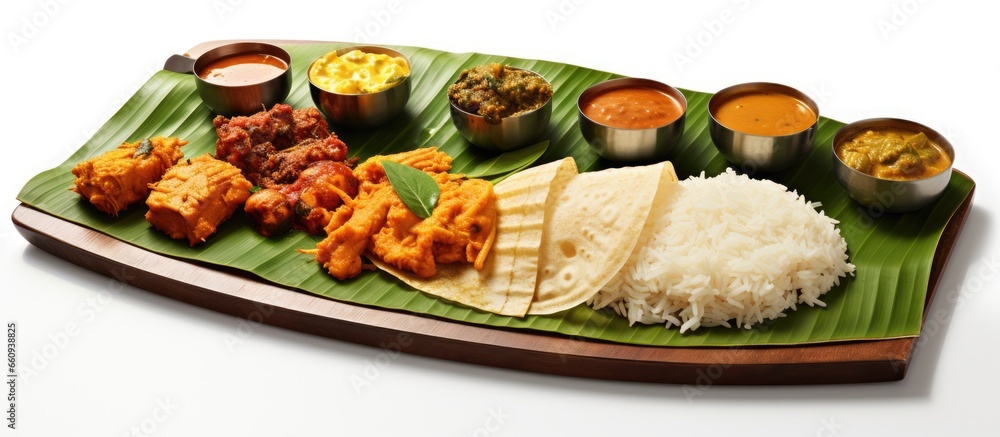 South Indian cuisine served on banana leaf With copyspace for text South Indian cuisine served on banana leaf With copyspace for text