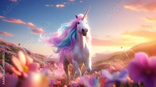 A magnificent  sparkling unicorn in a lush mountain clearing. Beautifully captured this photorealistic image exudes naturalism  featuring cinematic composition and lighting. Generative AI 