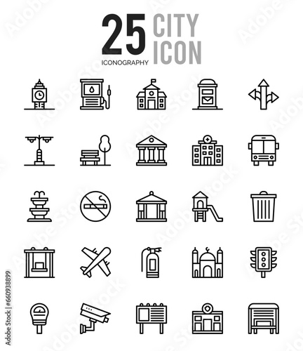 25 City Outline icons Pack vector illustration.