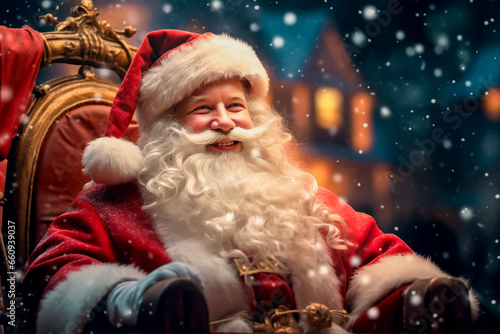 portrait of Santa Claus in Christmas atmosphere, Christmas decoration, snow, dreamy sweet moment, background with soft light and bokeh