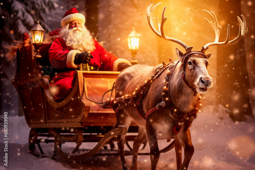 santa claus on sleigh in christmas atmosphere, christmas decoration, snow, dreamy sweet moment, background with soft light and bokeh