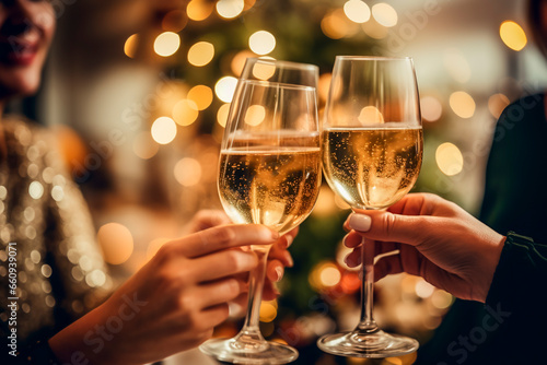 toasting champagne glasses, friends and family in Christmas celebration, end of the year, new year