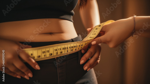 Woman measuring her waistline with measure tape