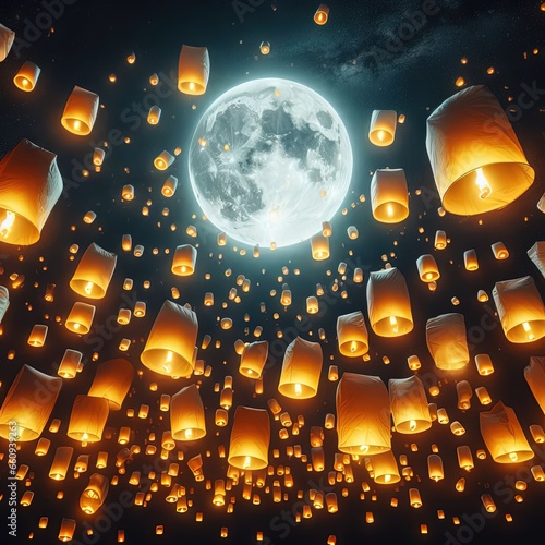 Floating lanterns fill the sky on the full moon night during Loy Krathong Festival, Thailand.