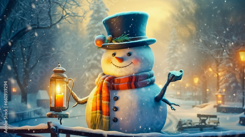 Christmas card with snowman with a top hat and a carrot nose. photo