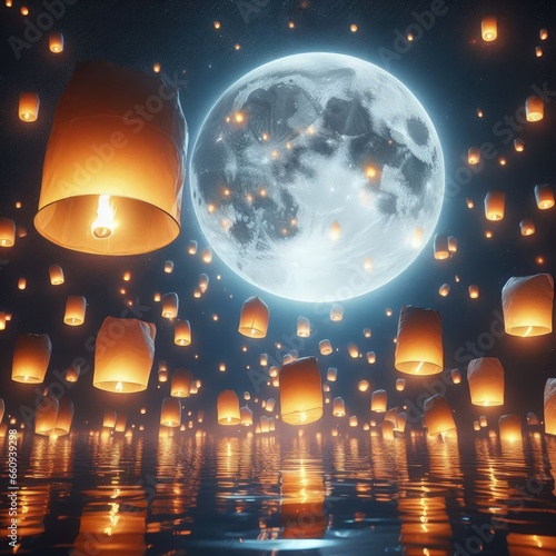 Floating lanterns fill the sky on the full moon night during Loy Krathong Festival, Thailand.