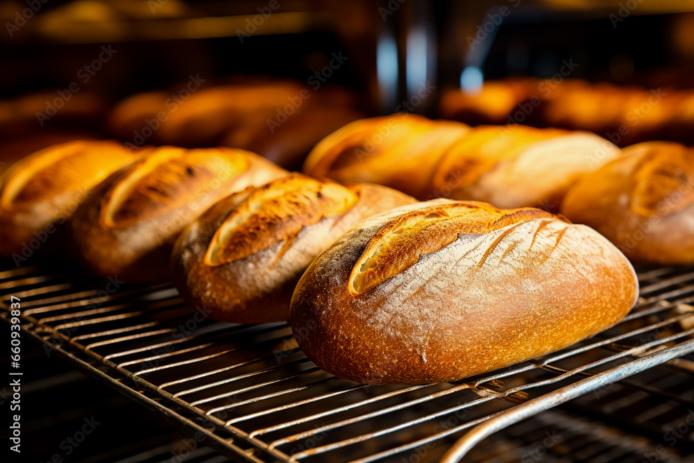 Artisanal bread loafs in cooling rack at bakery. Close-up. Artisanal bread loafs in cooling rack at bakery. Close-up.