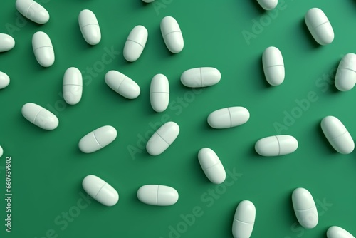 3D rendering of white pills on green background. Generative AI