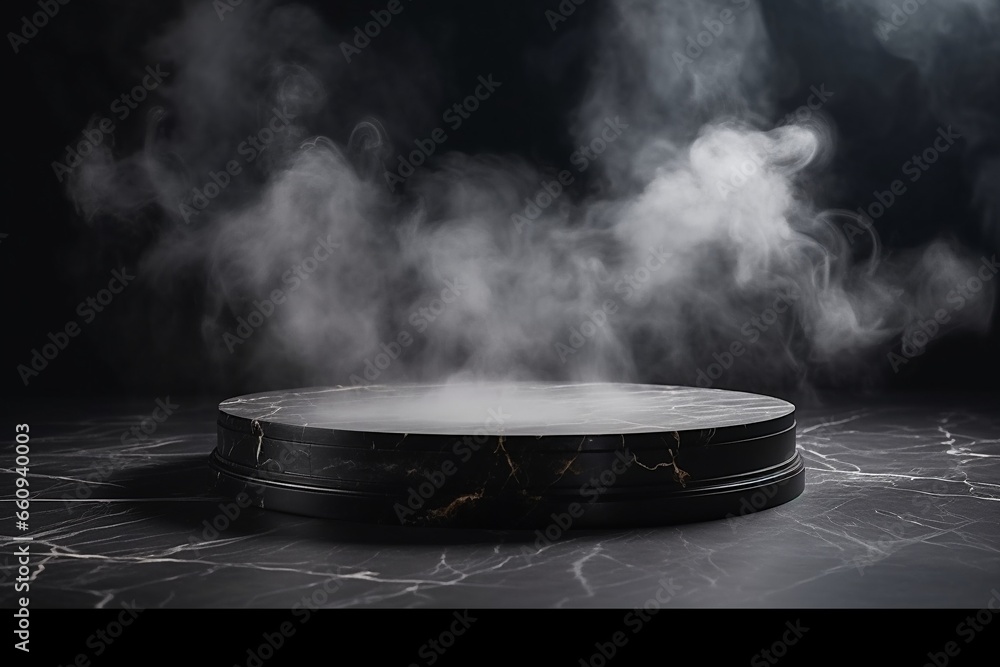 Dark Room: Empty Black Marble Table Podium with Stone Floor and Smoke