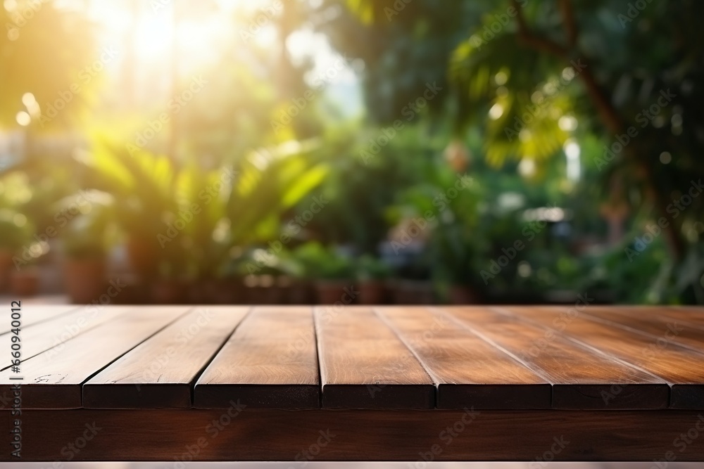 Outdoor Serenity: Empty Brown Wooden Table in Sunlight with Blurry Garden Background Outdoor Serenity: Empty Brown Wooden Table in Sunlight with Blurry Garden Background