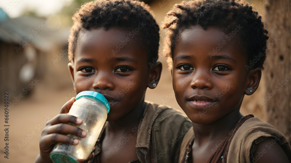 Two happy rural kids drinking water from a bottle. Generative AI. - obrazy, fototapety, plakaty 