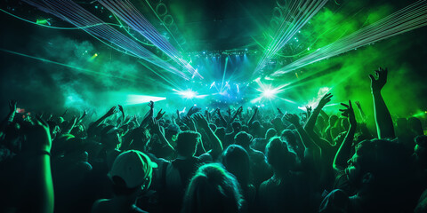 People dance in club spotlight laser lights with hands up in cinematic photography style. People crowd dancing at techno, rave or electronic music club