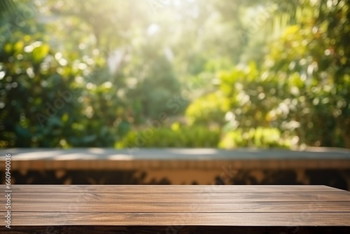 Outdoor Serenity: Empty Brown Wooden Table in Sunlight with Blurry Garden Background