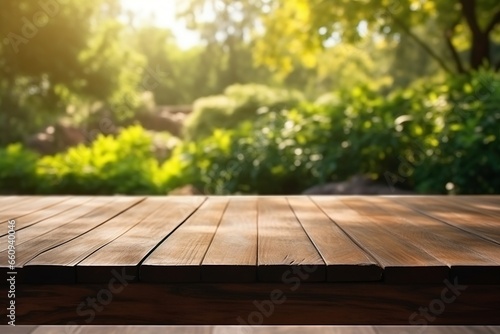 Outdoor Serenity: Empty Brown Wooden Table in Sunlight with Blurry Garden Background
