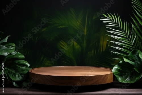 Tropical Elegance  Empty Round Wooden Table with Tropical Leaves on Dark Background