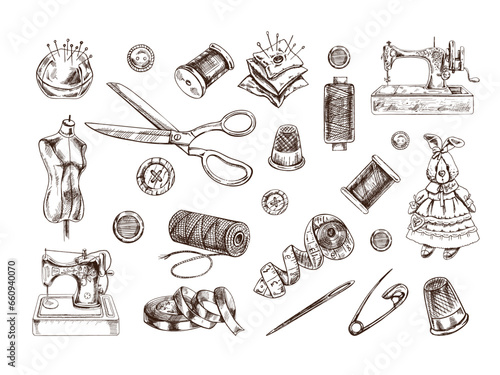 Vintage set of hand drawn sewing icons. Vector illustrations in sketch style. Handmade, sewing equipment concept in vintage doodle style. Engraving style.