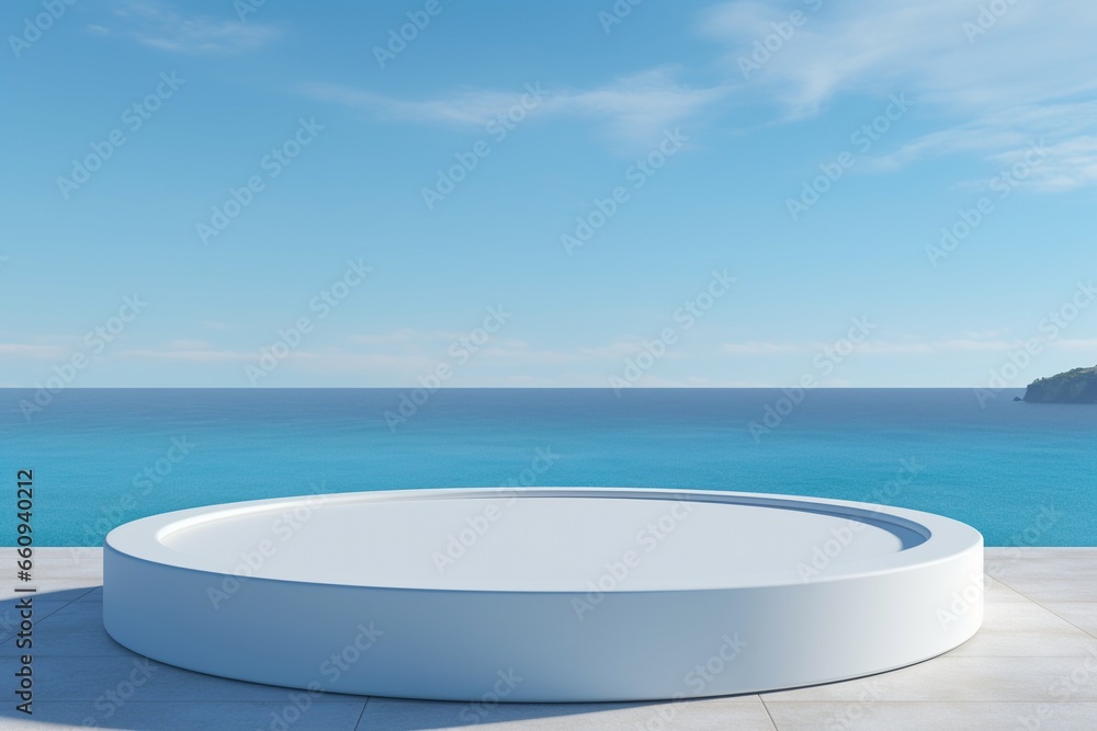 Beachside Serenity: Empty White Round Podium with Sea and Blue Sky Background