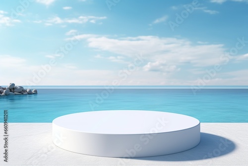 Beachside Serenity: Empty White Round Podium with Sea and Blue Sky Background © Cyprien Fonseca