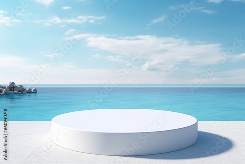 Beachside Serenity  Empty White Round Podium with Sea and Blue Sky Background