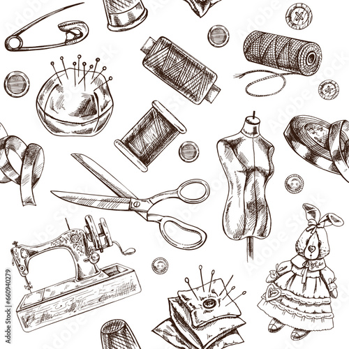 Seamless pattern of hand drawn sewing elements. Vector illustrations in sketch style. Handmade, sewing equipment concept in vintage doodle style. Engraving style.