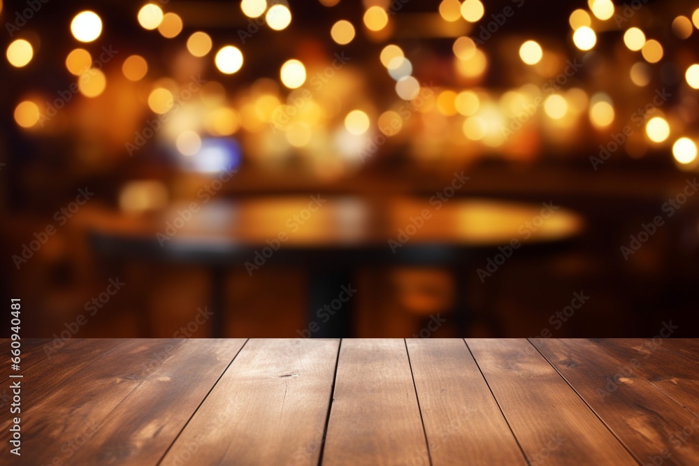Empty Wooden Round Table with Blurred Pub or Bar Background and Bokeh Lights Empty Wooden Round Table with Blurred Pub or Bar Background and Bokeh Lights