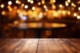 Empty Wooden Round Table with Blurred Pub or Bar Background and Bokeh Lights