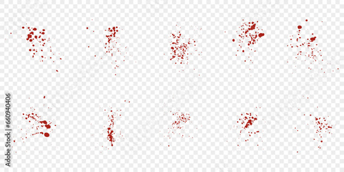 Blood Spatter Set. Red Drip Splatter. Grunge Splash Collection. Splat Pattern on Transparent Background, Paint Ink Stain Texture. Abstract Design, Messy Bloodstain. Isolated Vector Illustration